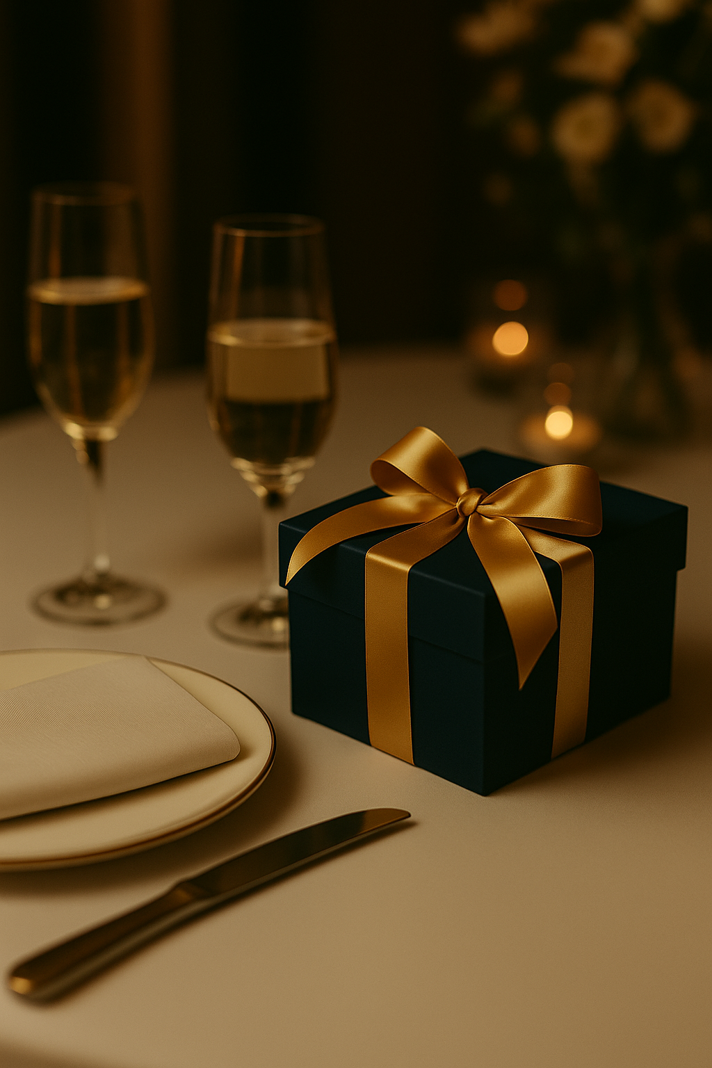 Gift box with gold ribbon on a table setting with wine glasses and plates.